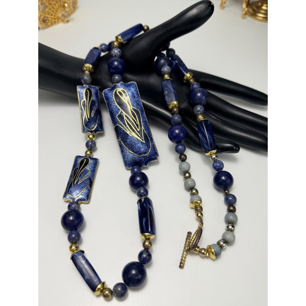 Unique Artisan Lapis Lazuli Beaded Necklace Enamel Panels Toggle Clasp - Picture 1 of 9